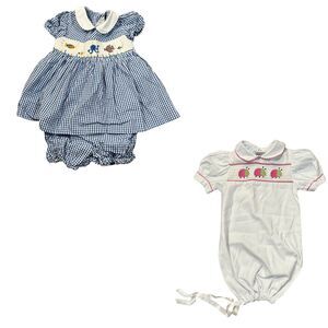 Set of 2 Retro Seersucker Dresses Bloomer Ladybug Octopus Fish - See Details